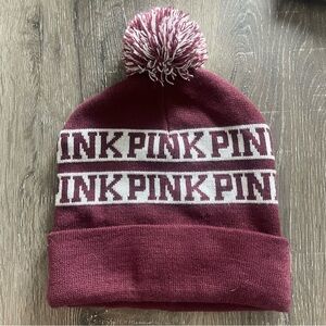 PINK Victoria's Secret Maroon Red and White Logo Knit Hat with Pom Pom OS
